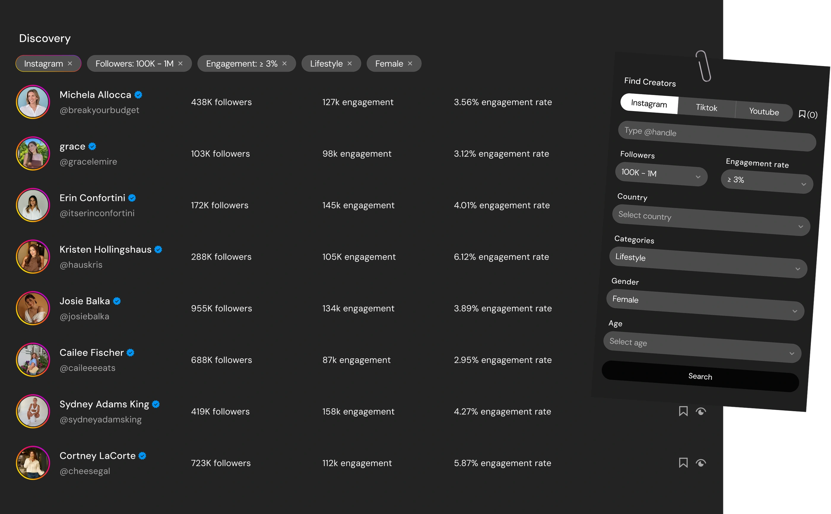 UpPromote Creator Discovery data table: creators with follower counts, engagement rates and search filters