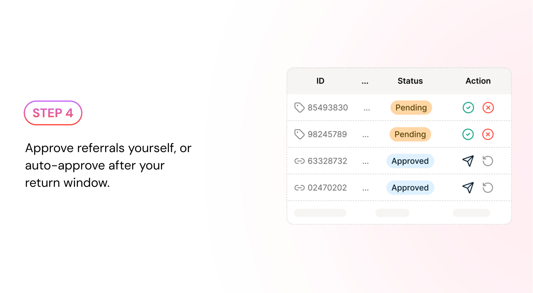 Step 4 — Approve referrals yourself, or auto-approve after your return window.