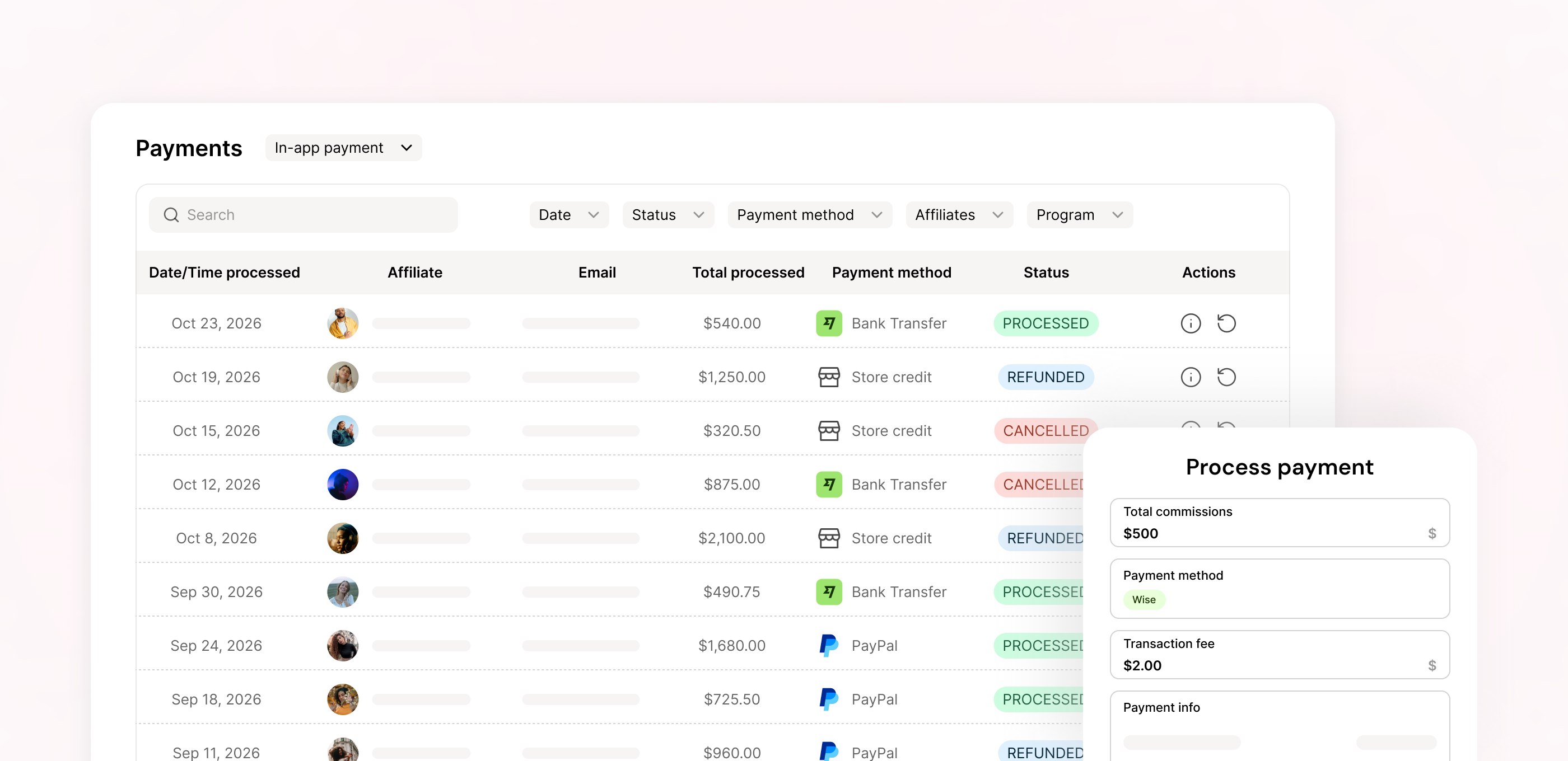 UpPromote payout screen showing PayPal, Wise, store credit and manual payment options