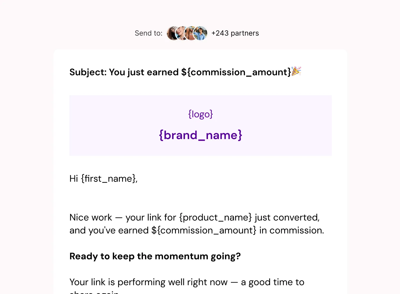 Automated affiliate email example showing a commission notification