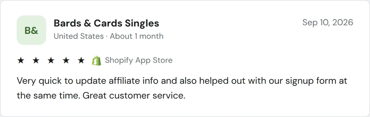 UpPromote vs. Refersion: Best Shopify Affiliate & Influencer Marketing App (2026) 23 UpPromote Shopify App Store review praising quick help with affiliate setup